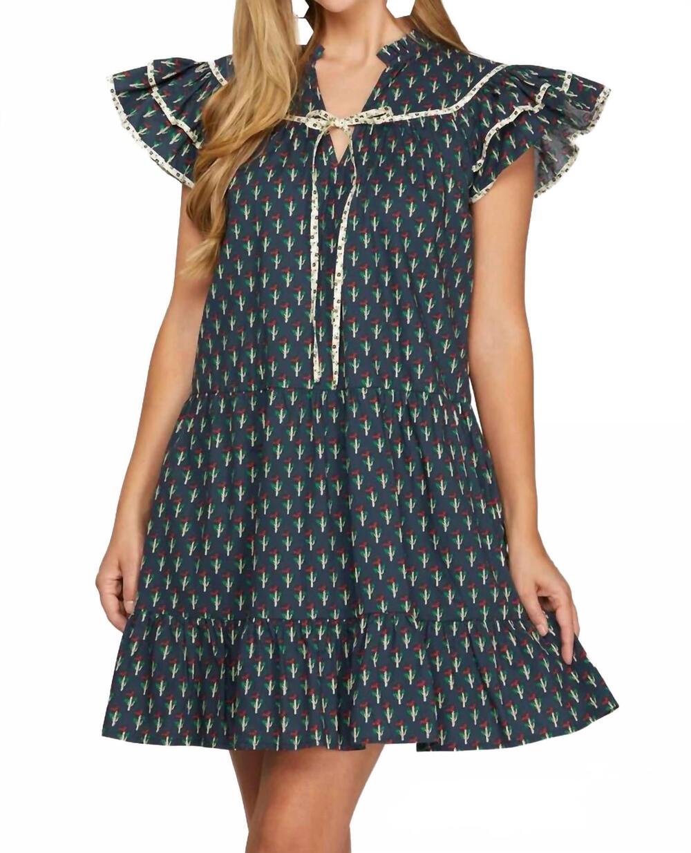 NEW SHE + SKY floral print ruffle sleeve mini dress in blue